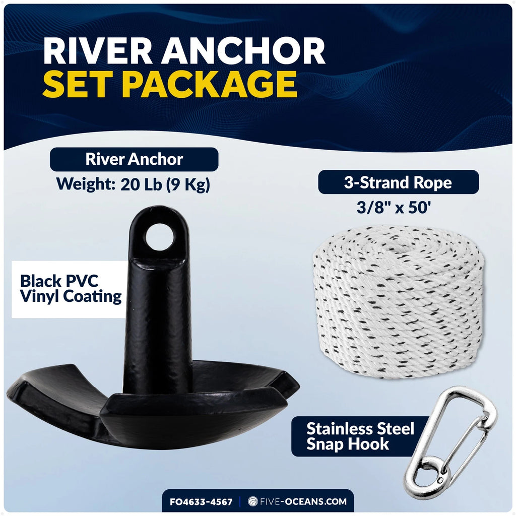 20 Lb River Boat Anchor Kit with 3/8"x50' Rope & Snap Hook