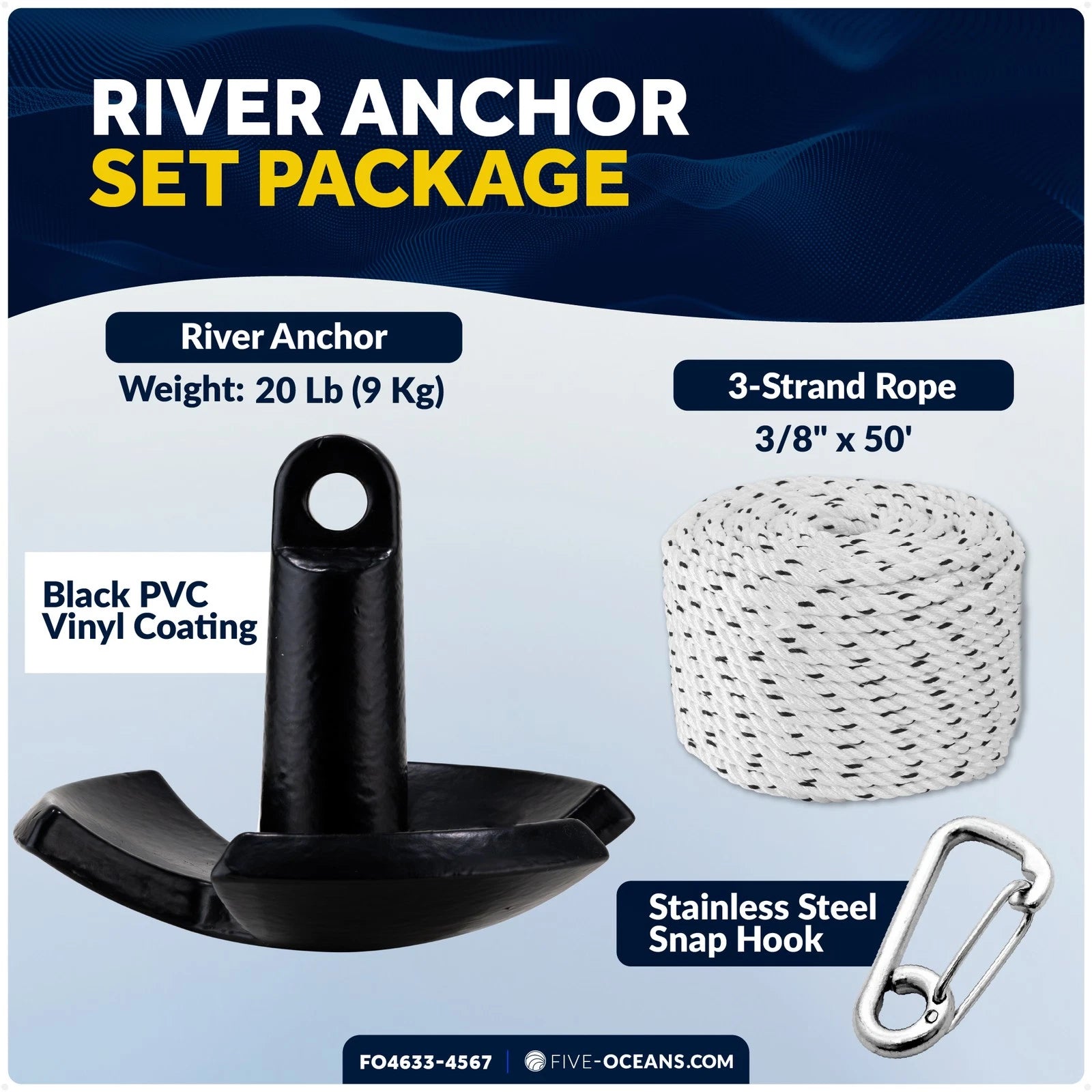 20 Lb River Boat Anchor Kit with 3/8"x50' Rope & Snap Hook