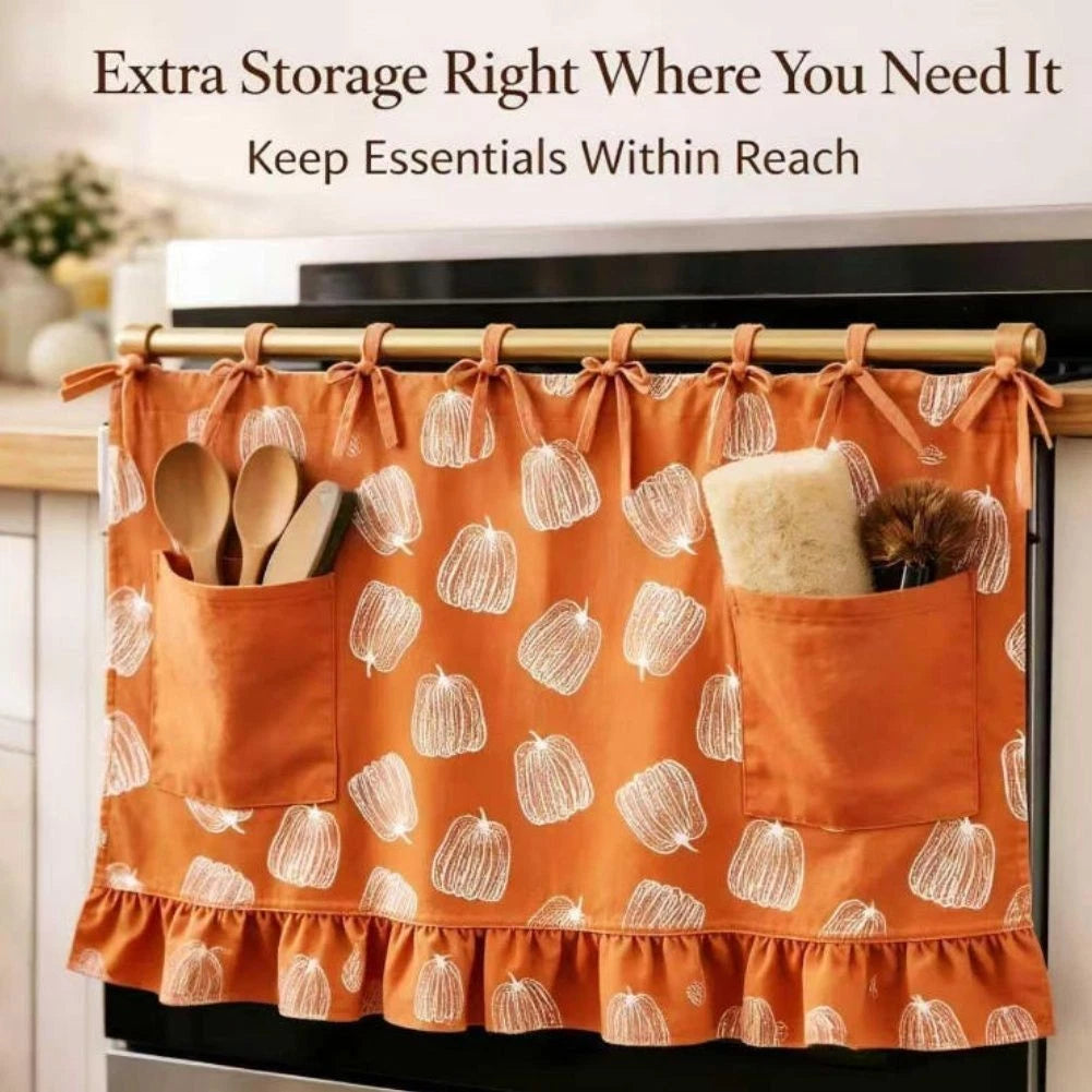 Oven Valance with Ruffle Pockets and Ribbon Tie Straps
