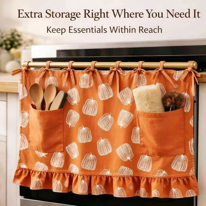 Oven Valance with Ruffle Pockets and Ribbon Tie Straps