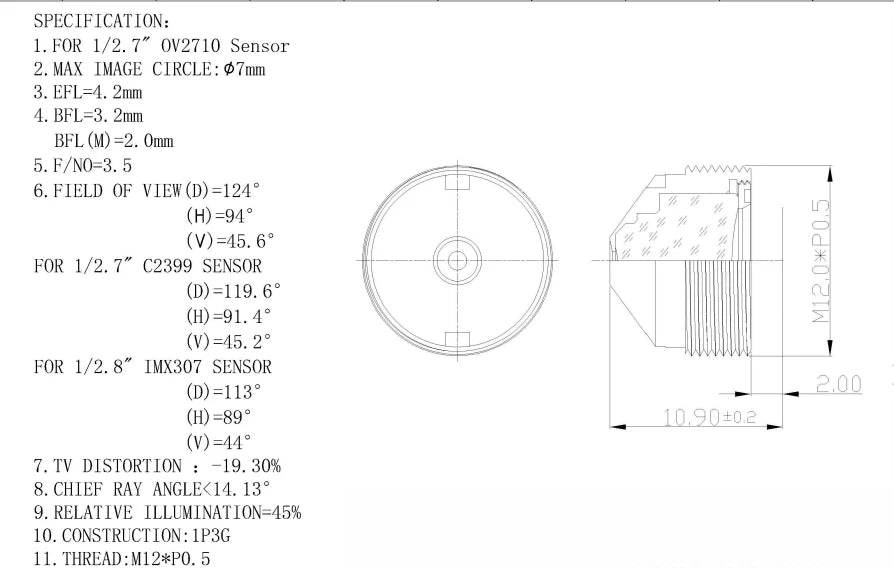 2.8mm Wide Angle Lens for 1/2.7 OV2710 Sensor (CCTV Systems)