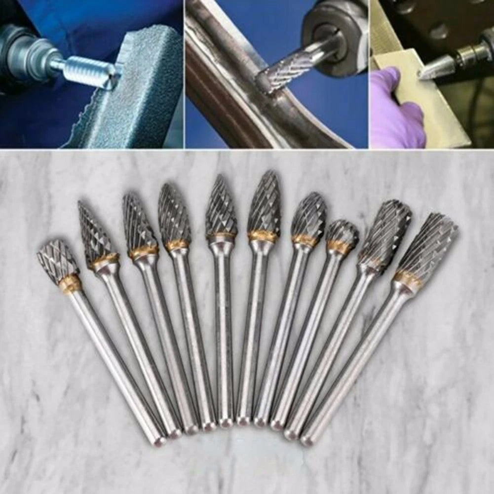 10 Tungsten-Head Carbide Burrs for Rotary Drill Grinder Carving Bit