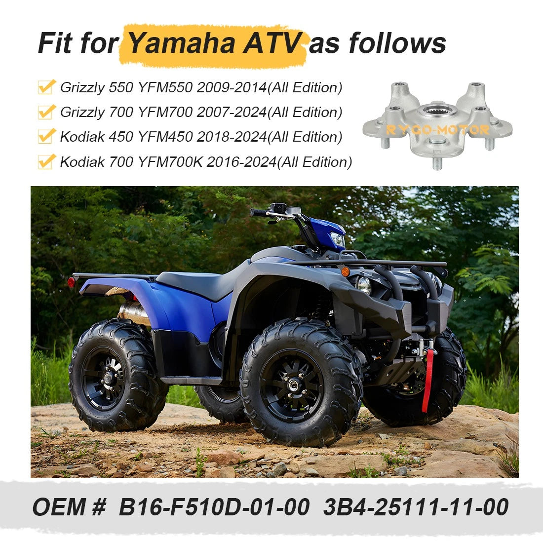 Front/Rear Wheel Hub for Yamaha Grizzly 550 700 YFM550 YFM700 (2007–2024)