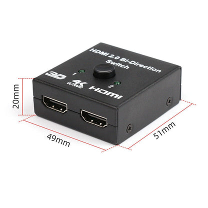 2 in 1 Out Bi-directional HDMI 2.0 Switch for HDTV PC Screen Splitter