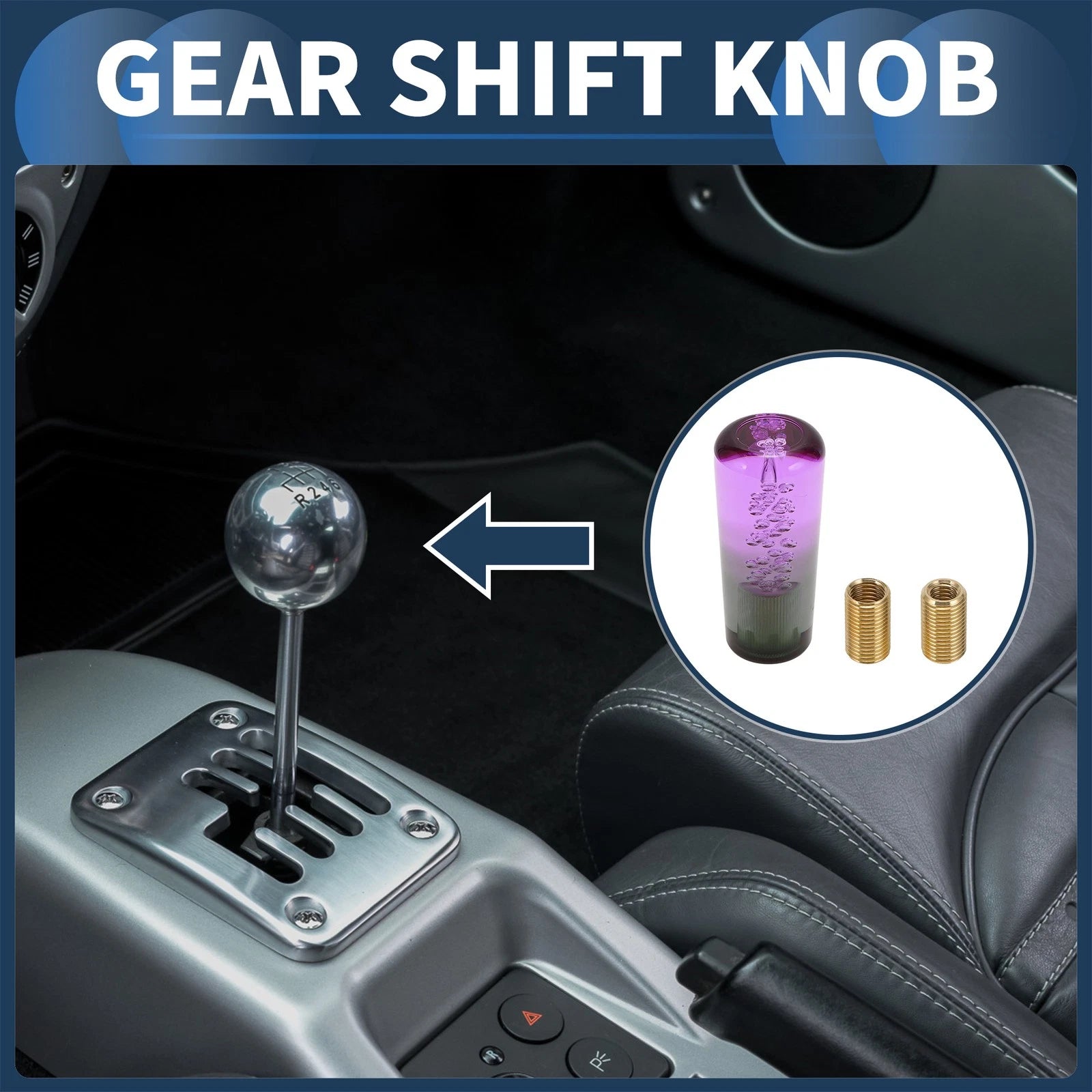 Round Crystal Gear Shift Knob with 2 Adapters for Universal Fit (10cm)