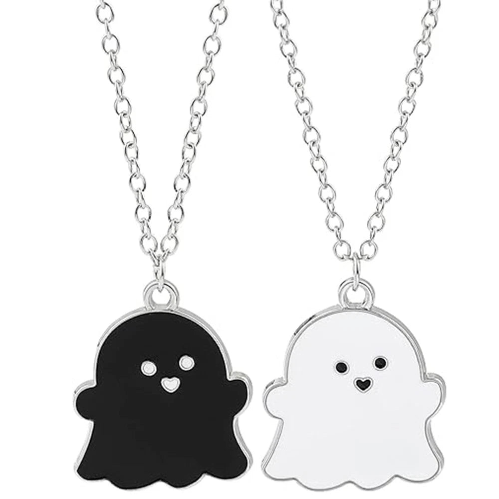 2pcs Couple Cute Black and White Ghost Pendant Necklaces for Women Men