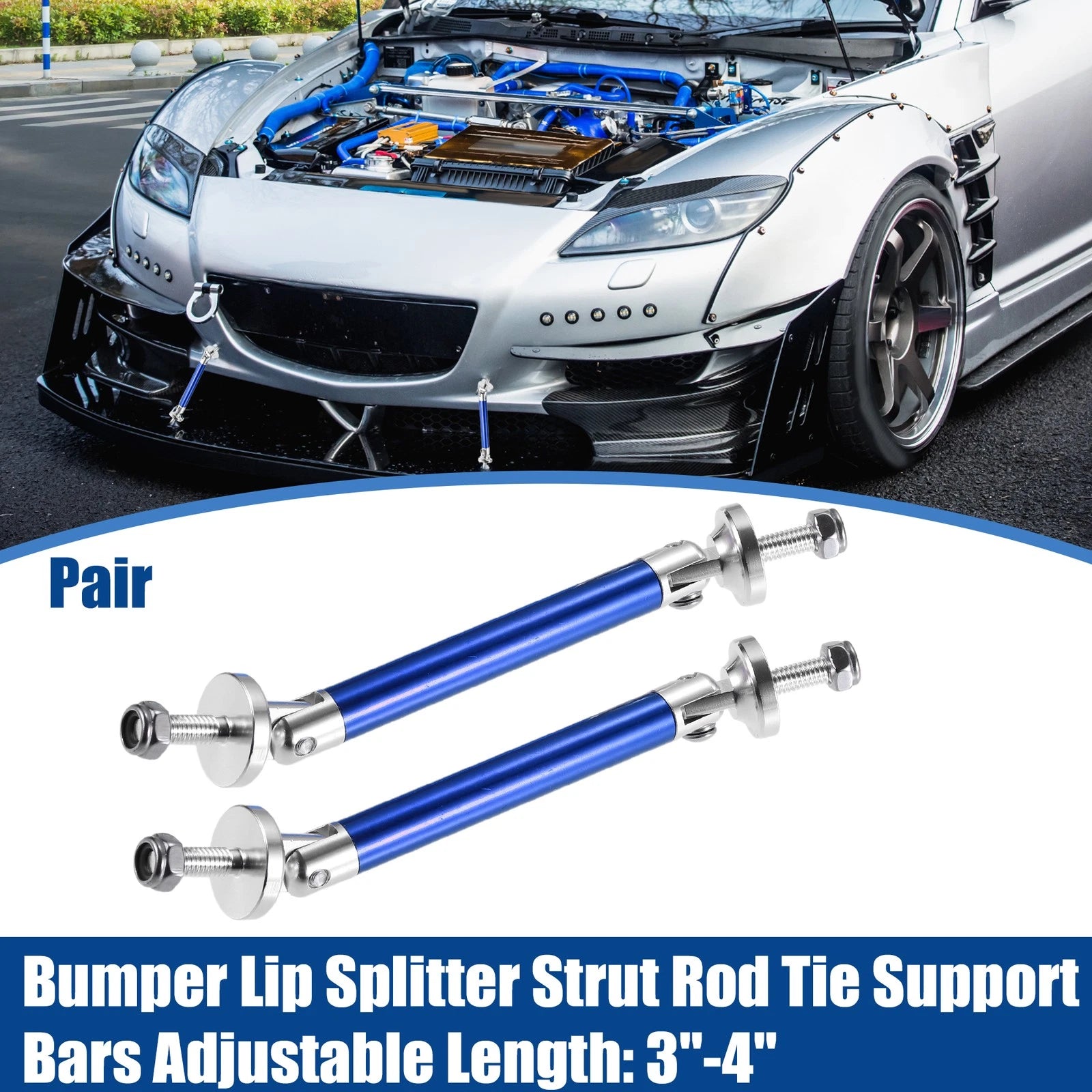 1 Pair 3"-4" Universal Front Bumper Lip Splitter Diffuser Strut Rod Blue
