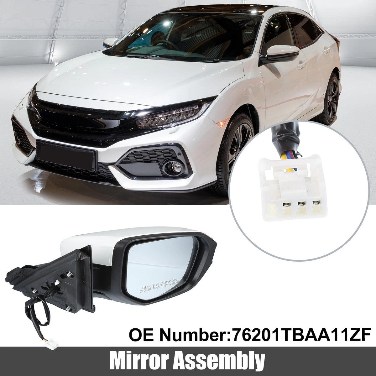 3 Pin Right Side Door Mirror Assembly Black for Honda Civic (2016–2021)