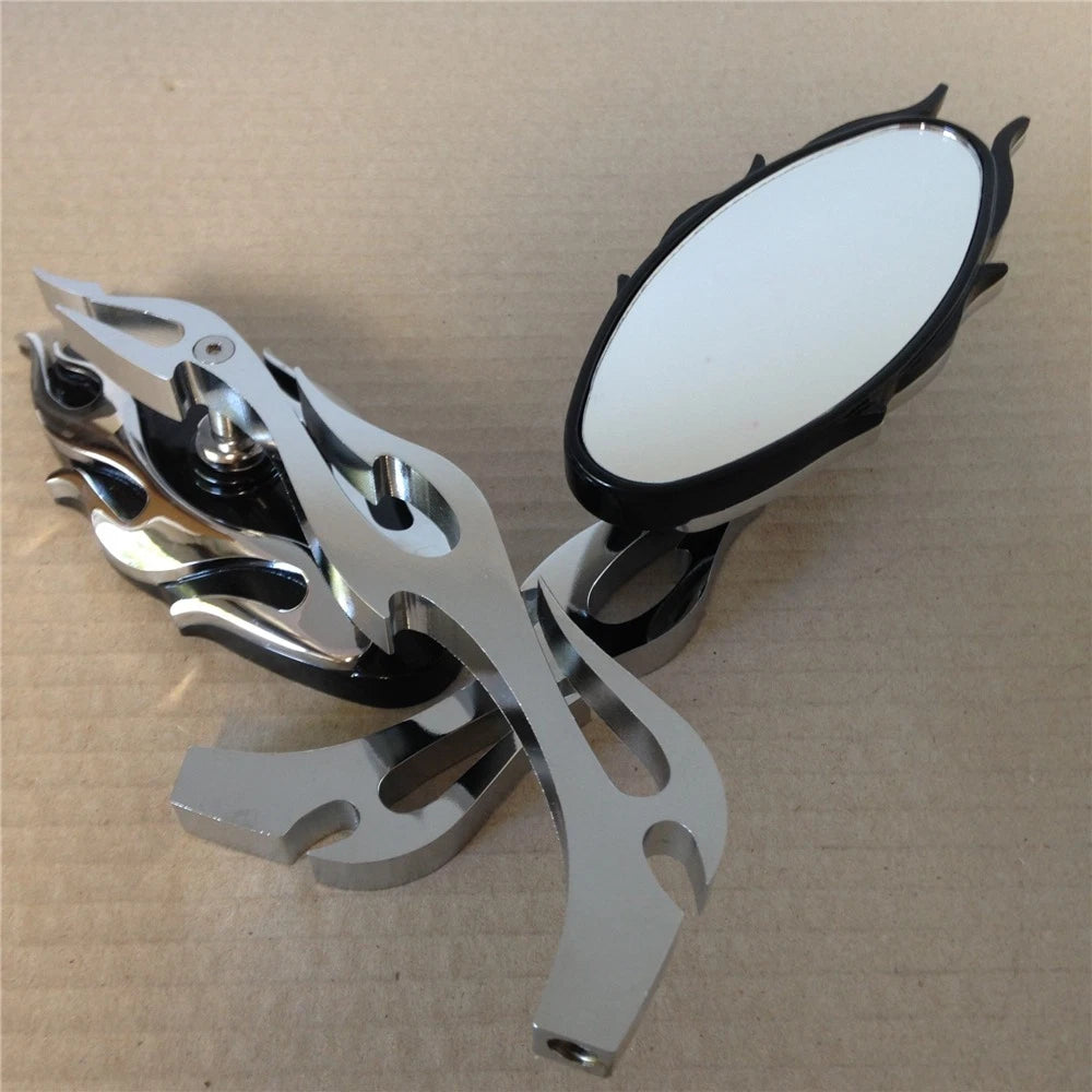 Flame Style Rearview Mirror for Cruiser Chopper (Any Year) Chrome
