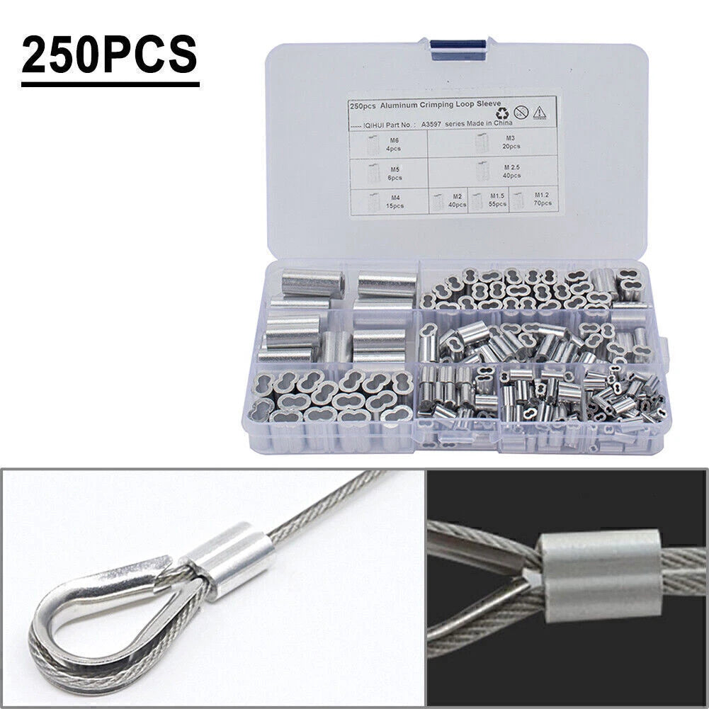 250Pcs 8 Size Double Barrel Ferrule Crimping Loop Sleeve for Wire Rope Cable