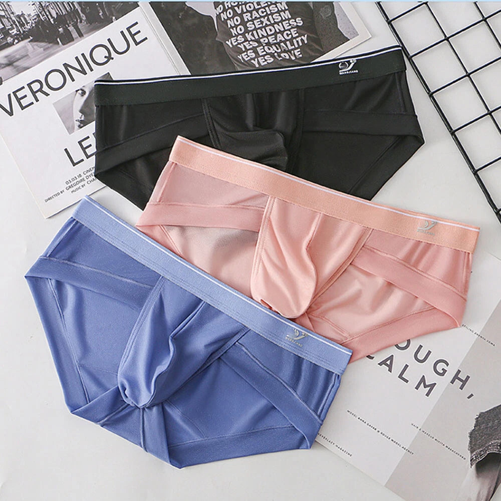 Men's Ice Silk Shorts Briefs Underwear with Bulge Pouch - Breathable