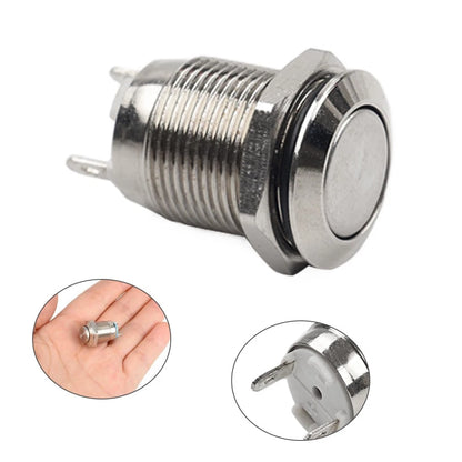 12mm Momentary Flat Metal Push Button Switch for DC12-24V (1NO, 2 Pins)