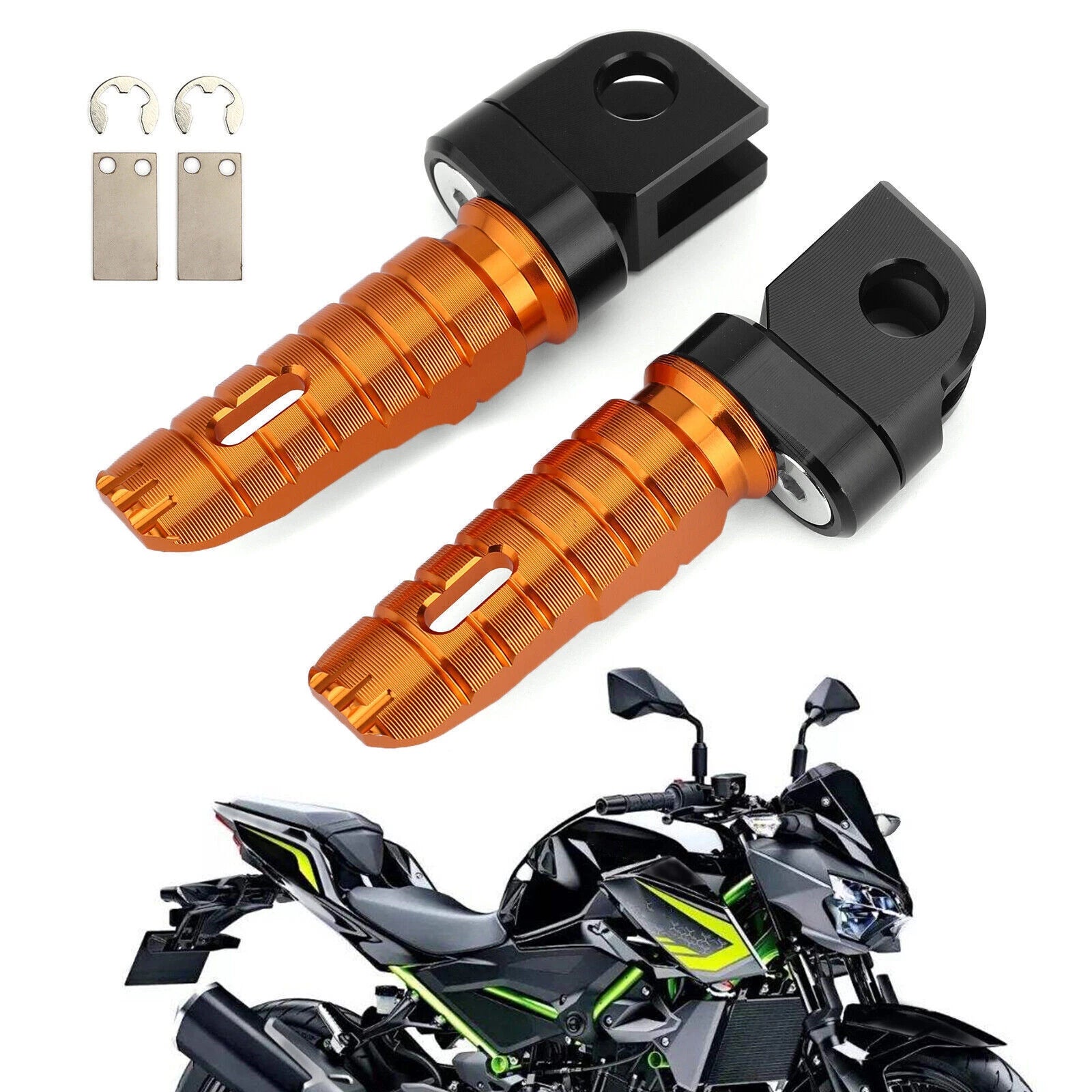 Front Footrests Foot Pegs for Kawasaki Z300 Z400 Z650 Z800 Z900 Z1000 (2013–2023) - Orange T9