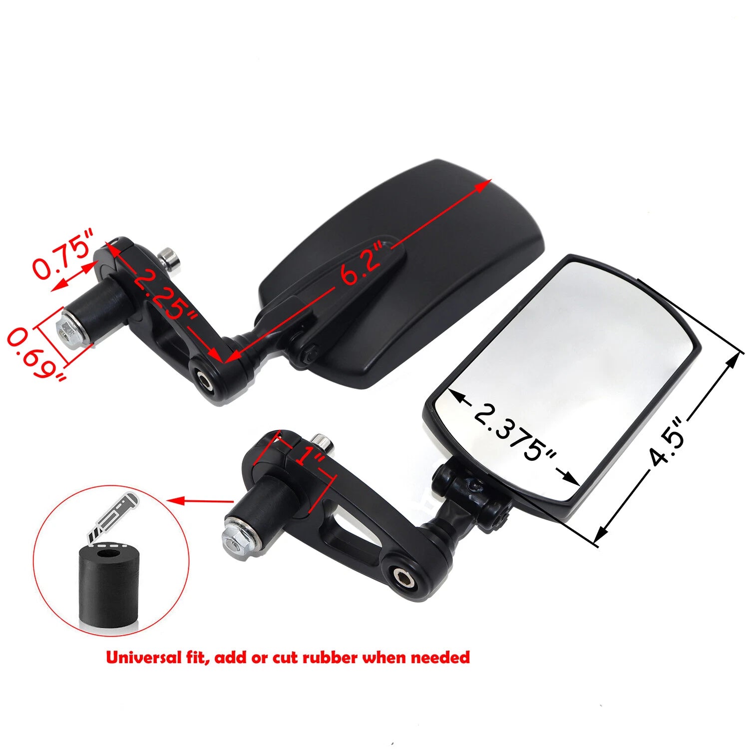 2X Black 7/8" 22mm Rectangle CNC Motorcycle Rear View Mirrors for