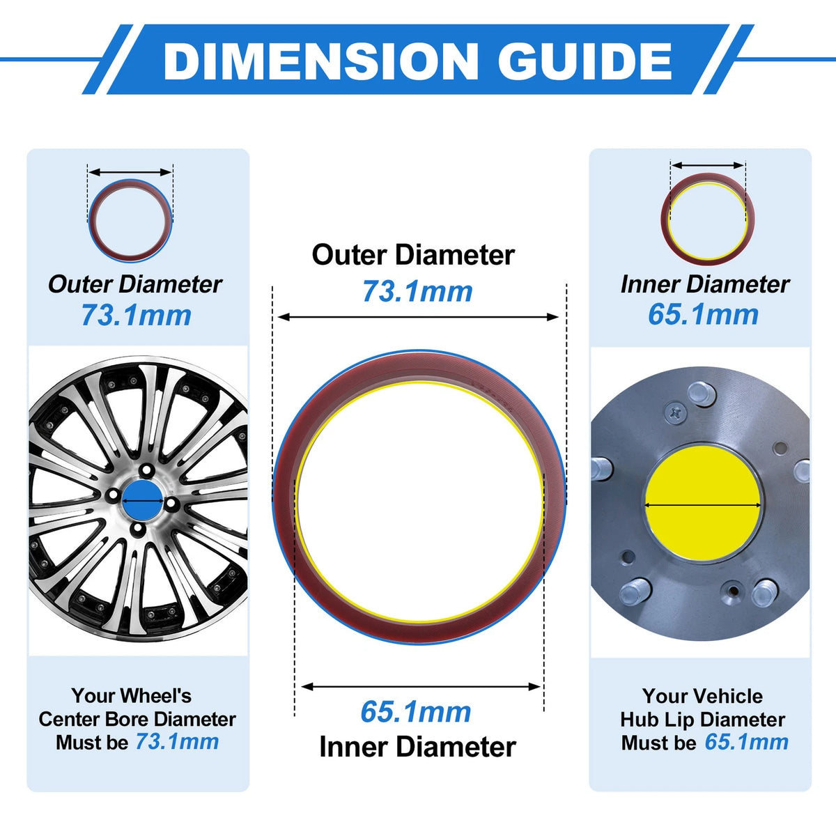 Set of 4 Hub Centric Rings OD 73.1mm ID 65.1mm for Car