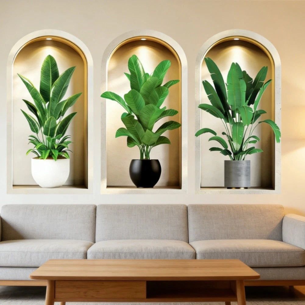 3PCS 3D Wall Art Stickers Green Potted Plants for Home Kitchen Hallway