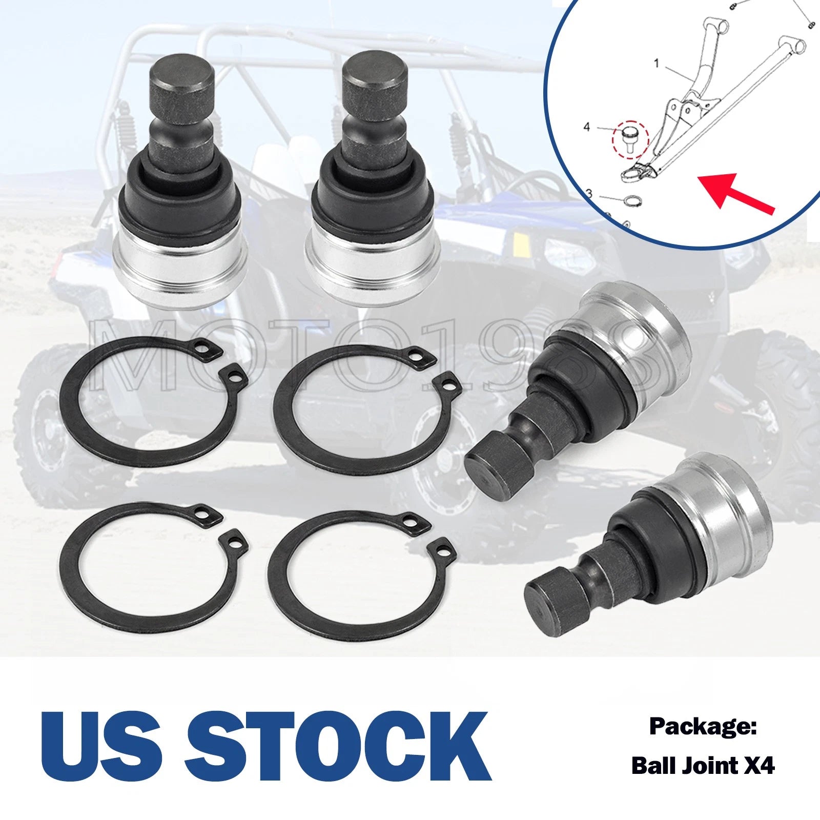 Set of 4 Upper Lower Front Ball Joints for Polaris RZR 570 800 900 S 900 4