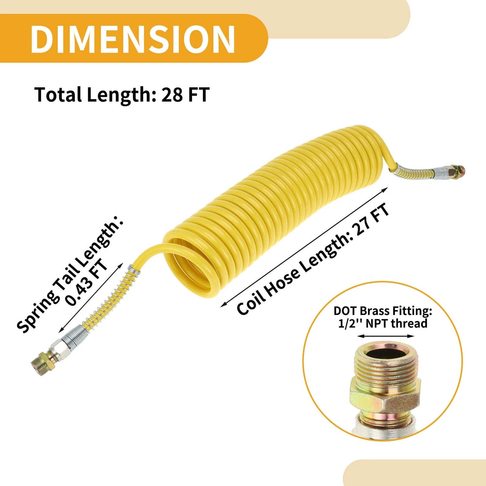 28FT Air Brake Hose for (Coiled, Yellow)