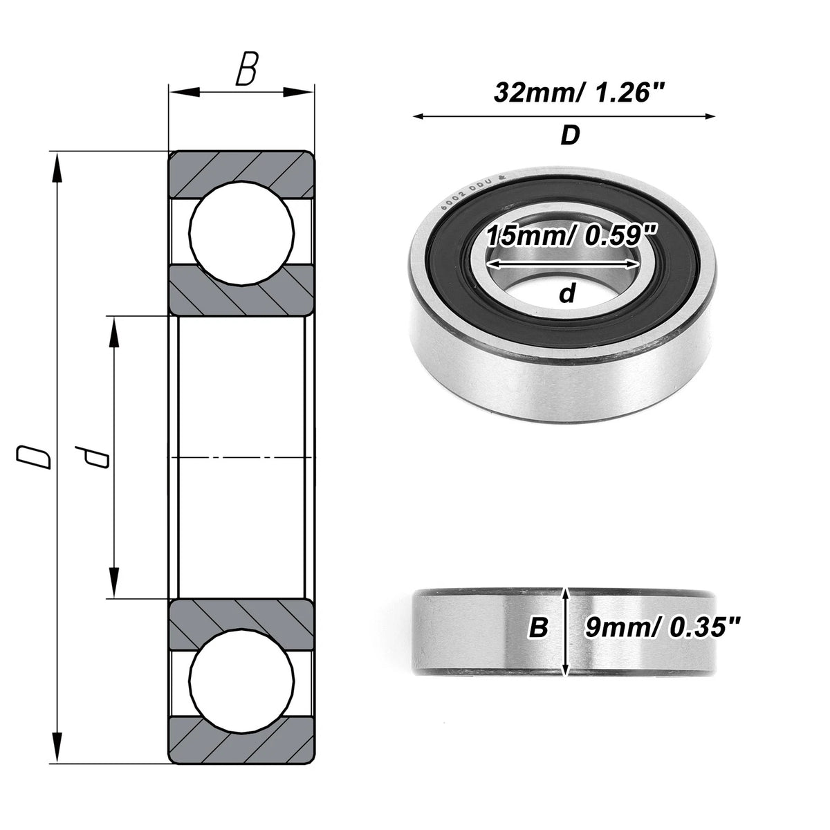 Deep Groove Ball Bearing 15x32x9mm for Scooter Skateboard (6002DDU)