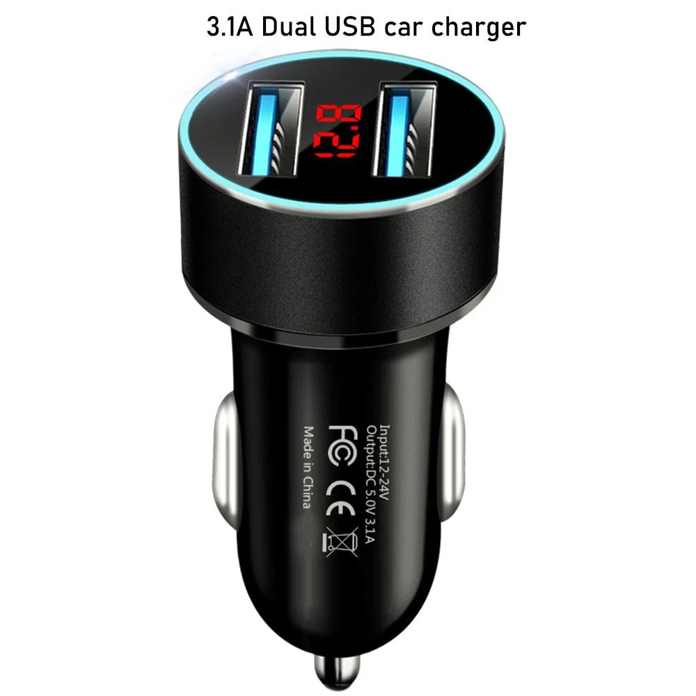 Dual USB Car Phone Charger for Universal Use (3.1A, LED Display)