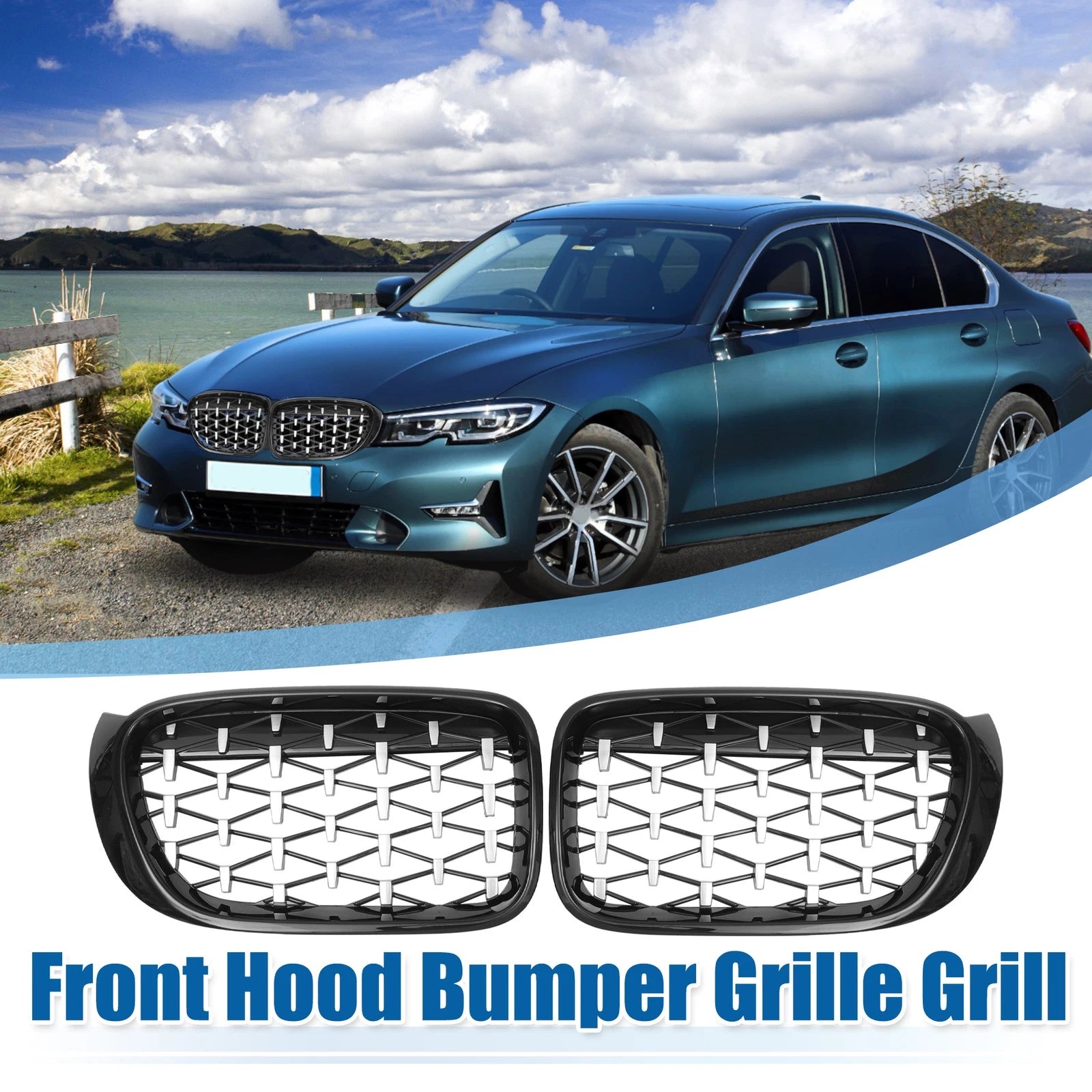 Pair Front Hood Bumper Grille for BMW X3 (2014–2017) Diamond Star Black