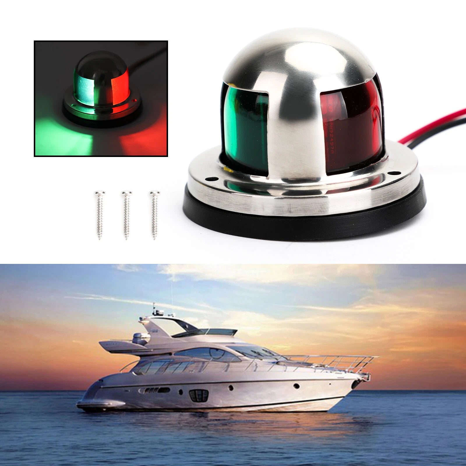 2X Stainless Steel LED Bow Navigation Lights for Marine Boat Yacht (12V)