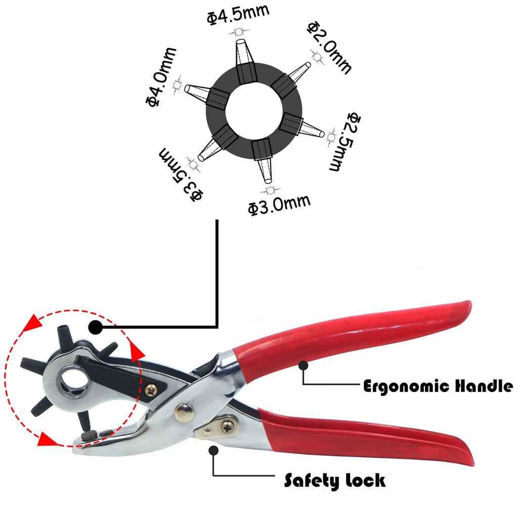 9" Heavy Duty Leather Hole Punch Pliers with 6 Sized Punches Tool