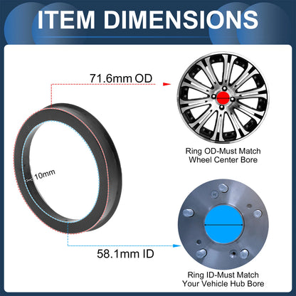4X Wheel Hub Centric Rings for Car (71.6mm to 58.1mm) Black Polycarbonate