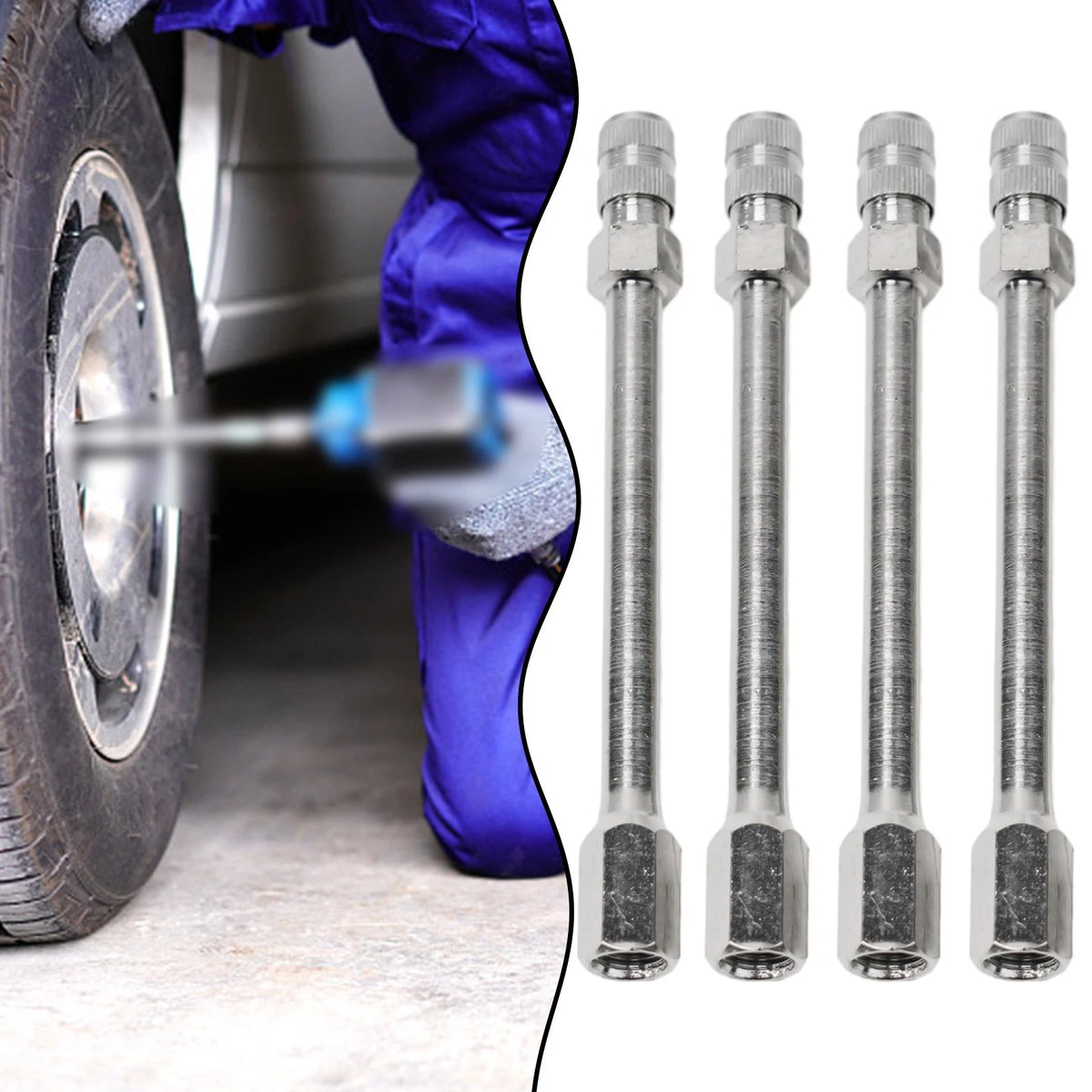 Set of 4 Tyre Valve Extension Rods for Auto Car (Portable, Silver Tone)