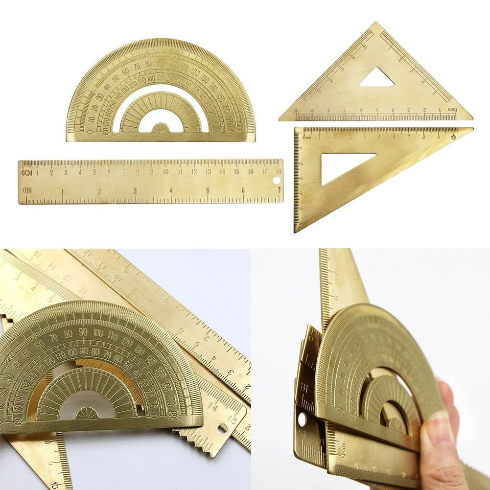 Set of 2 Golden Brass Rulers with Isosceles & Right Angle Triangle Protractor