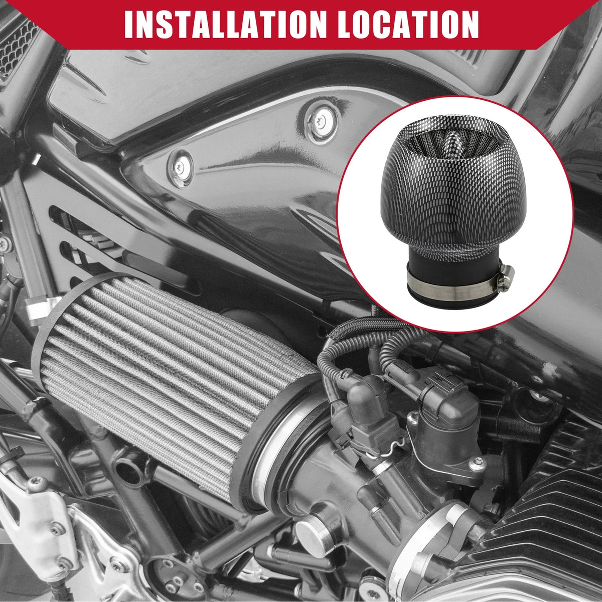 Air Cleaner Filter for Motorcycle (28-48mm, Carbon Fiber Pattern, Black)