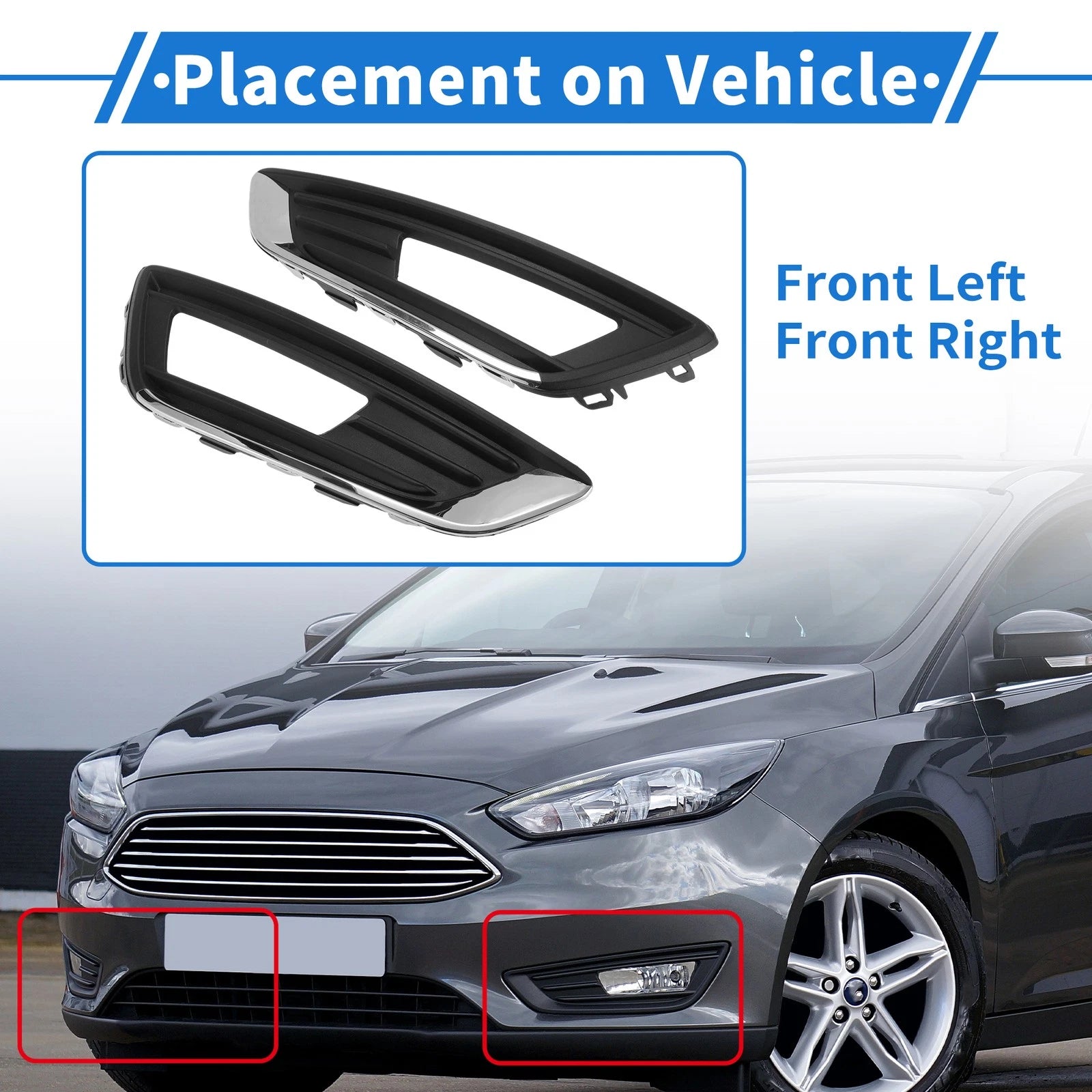 Fog Light Grill Replacement for Ford Focus Sedan (2015–2018) Black Chrome 1 Pair