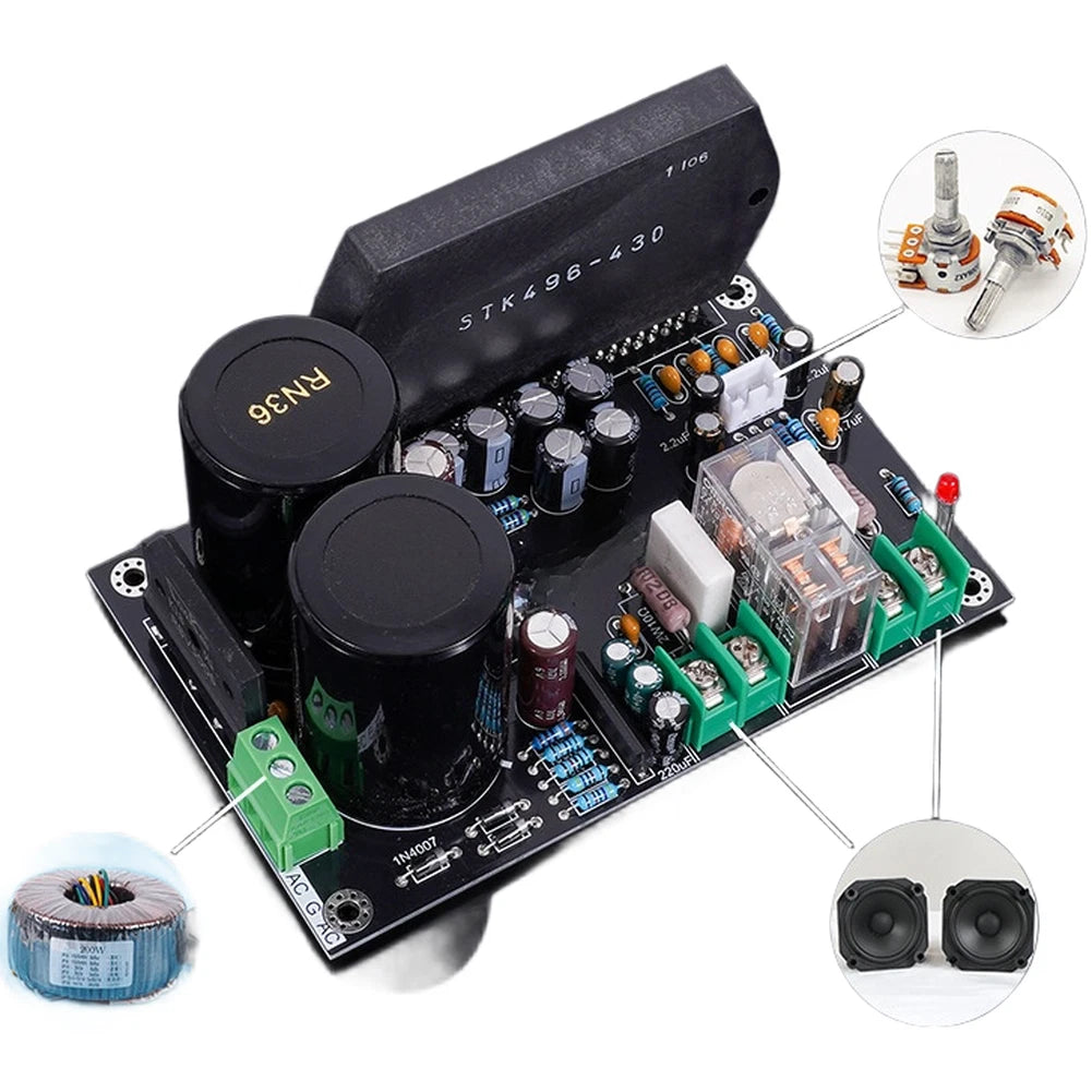 200W Audio Power Board for STK496-090 (ABS Housing, 11.7x7.3x5.2cm)