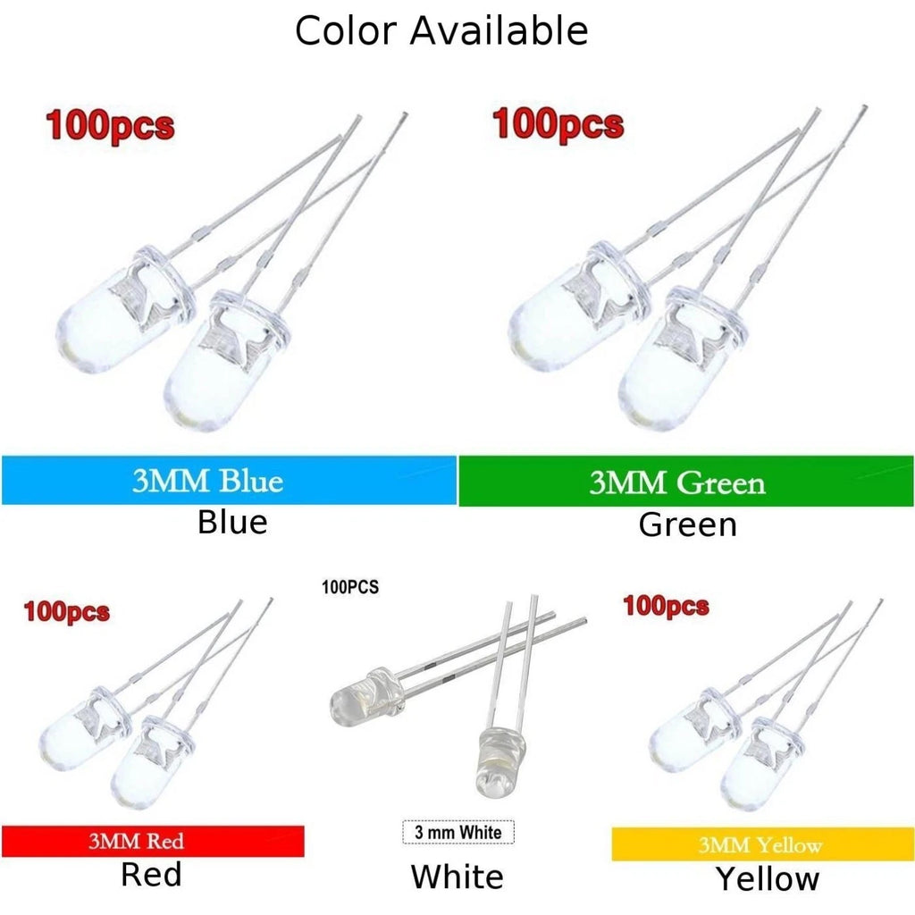 100Pcs 3mm Super-Bright LED Bulbs Red/Blue/Green/White/Yellow