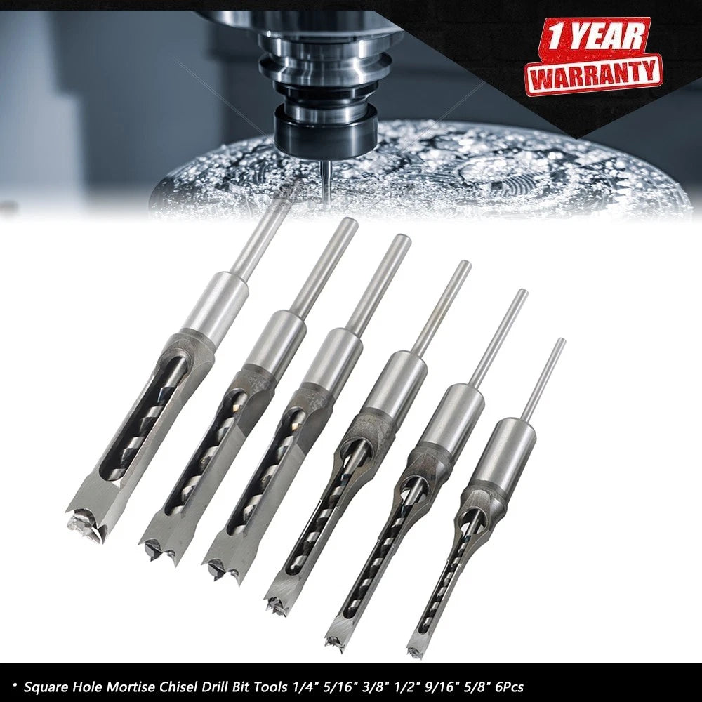Set of 6 Square Hole Mortise Chisel Drill Bits 6.35mm-16mm