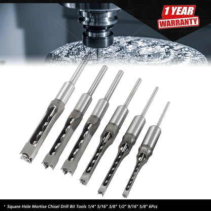 Set of 6 Square Hole Mortise Chisel Drill Bits 6.35mm-16mm