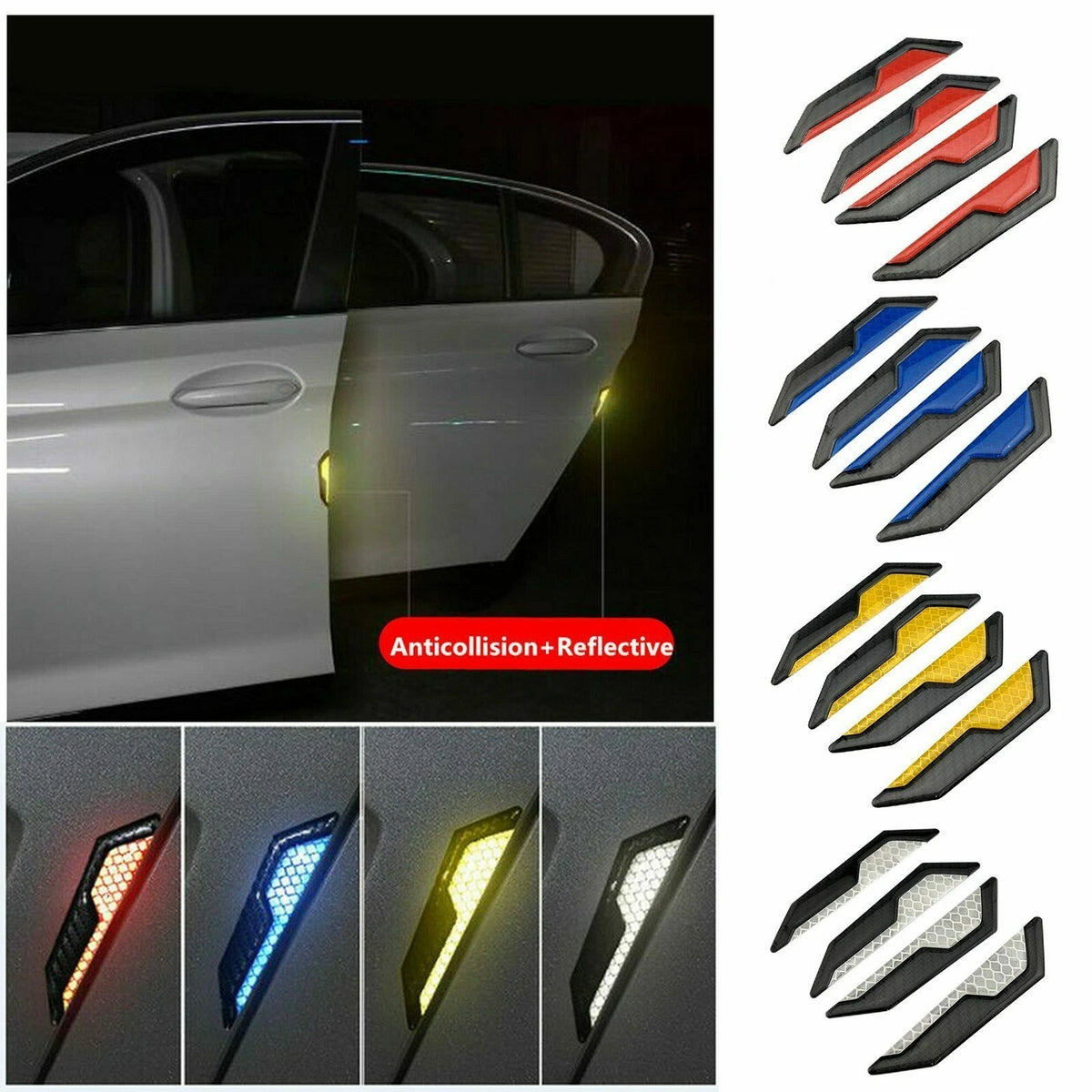 Set of 4 Reflective Carbon Fiber Door Edge Guard Stickers for Auto