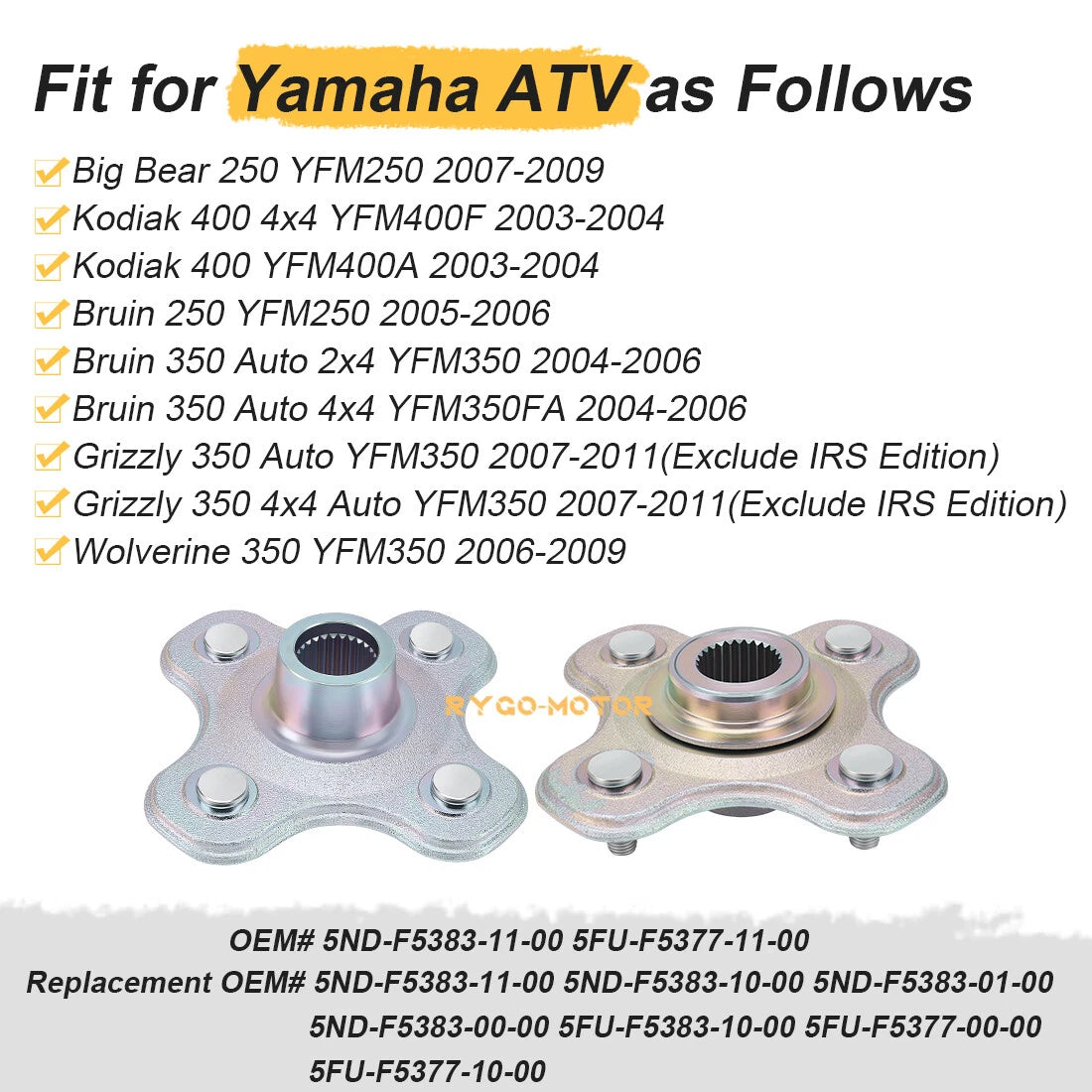 2 Rear Wheel Hubs for Yamaha Big Bear 250 Bruin 250 350 Kodiak 400 (1990–2006)
