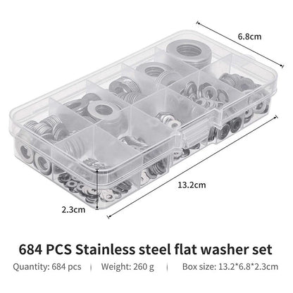 684 Pcs M2-M12 Flat Washers Pad Stainless Steel Assortment Lock Kit