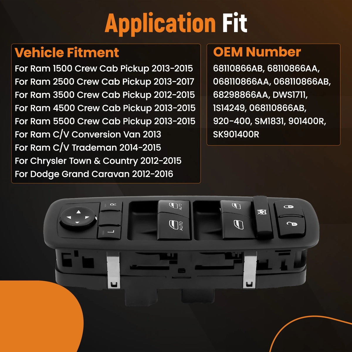 Front Driver Master Window Switch for Chrysler Town & Country (2012–2016) 68110866AA