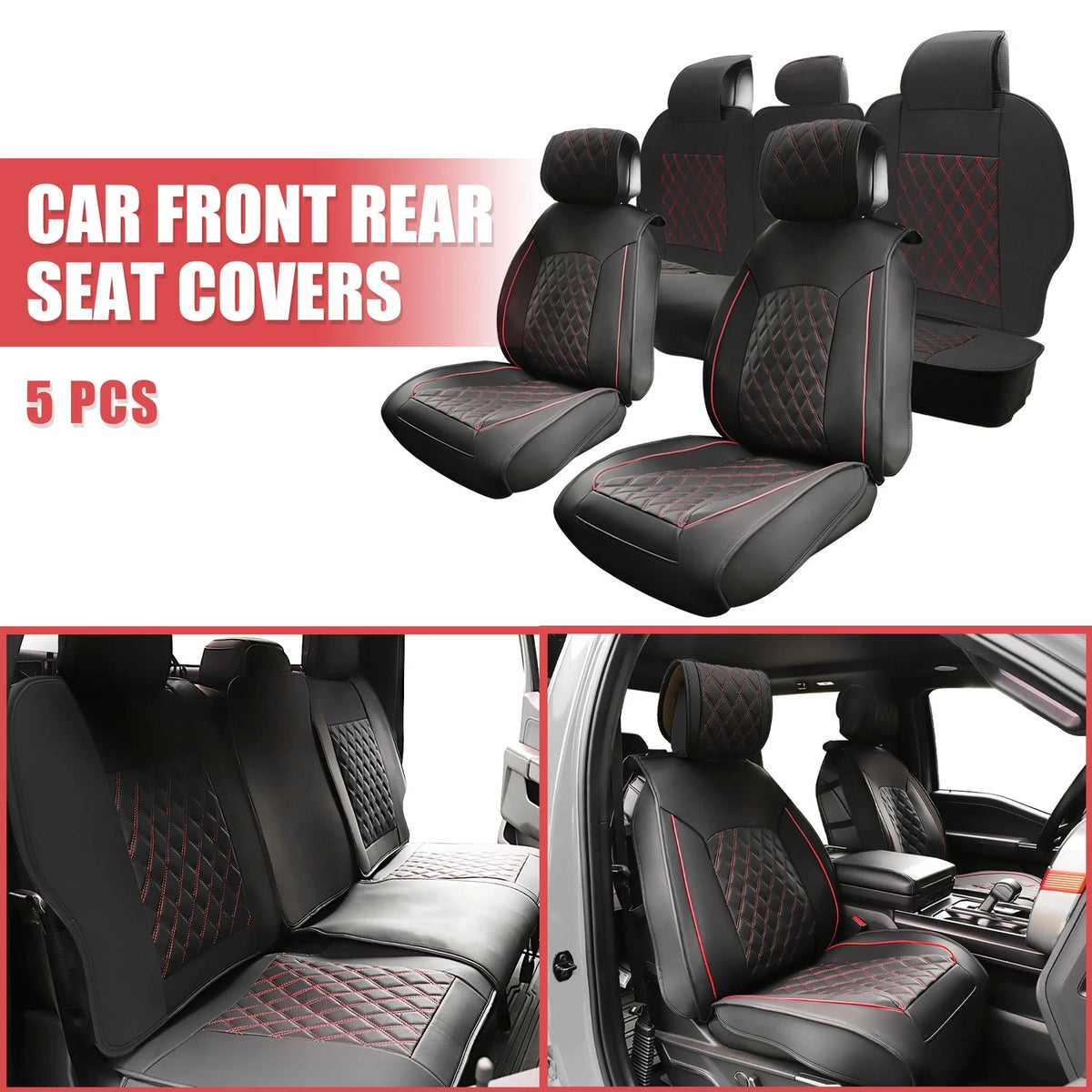 Set of 5 Front Rear Seat Covers for GMC Sierra Black Red