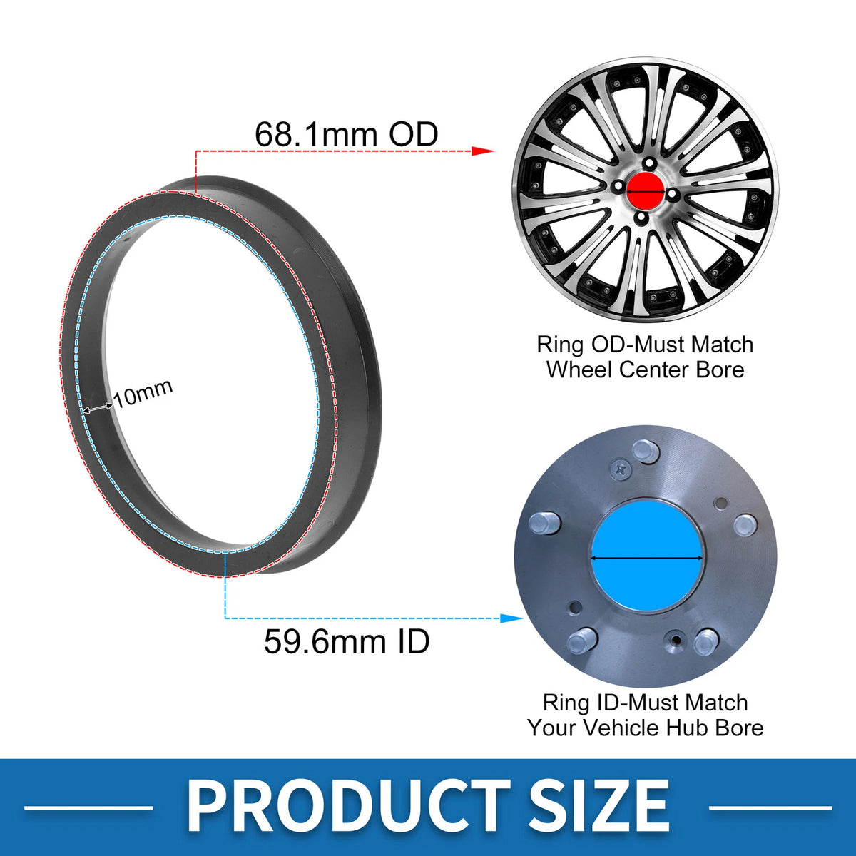 Set of 4 Wheel Hub Centric Rings for Car (68.1mm to 59.6mm) Black Polycarbonate