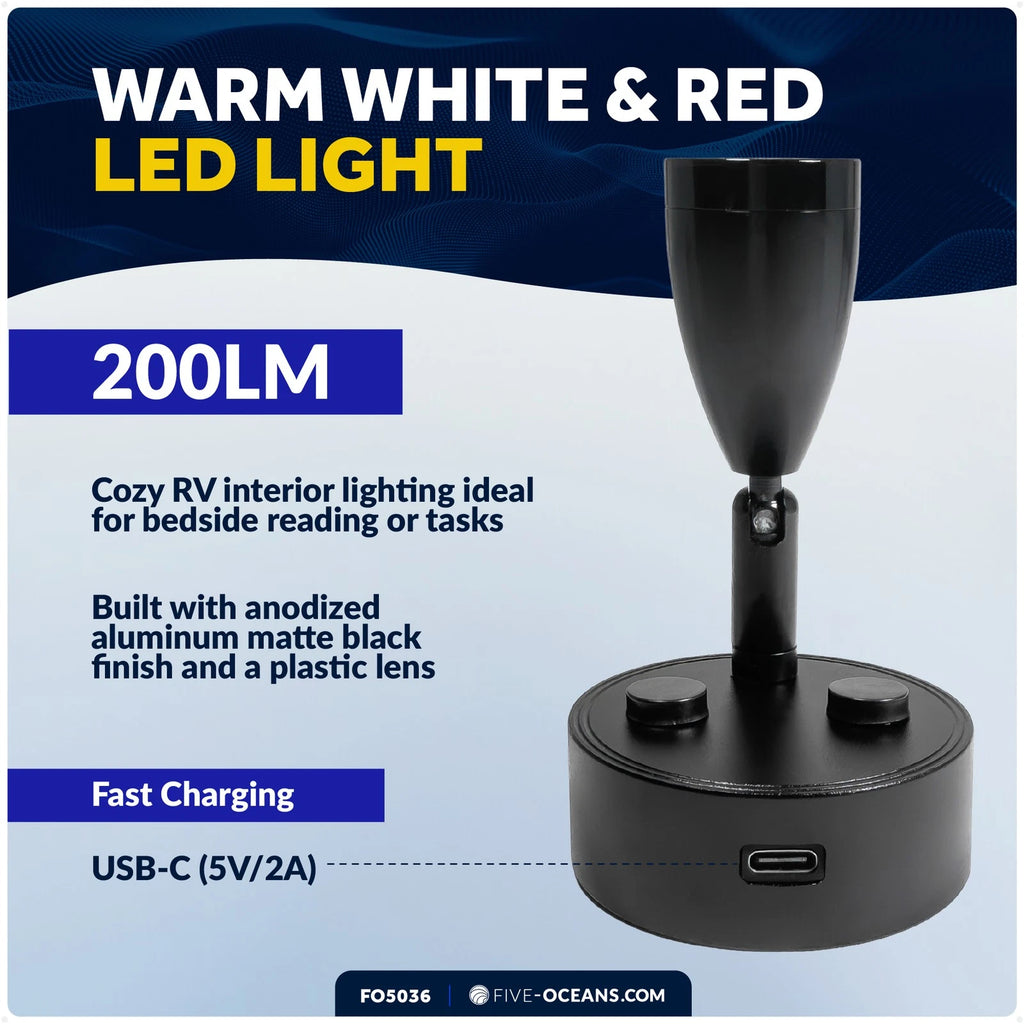 RV LED Reading Light for Universal Use (12V) - Touch Dimmer, USB-C, Black