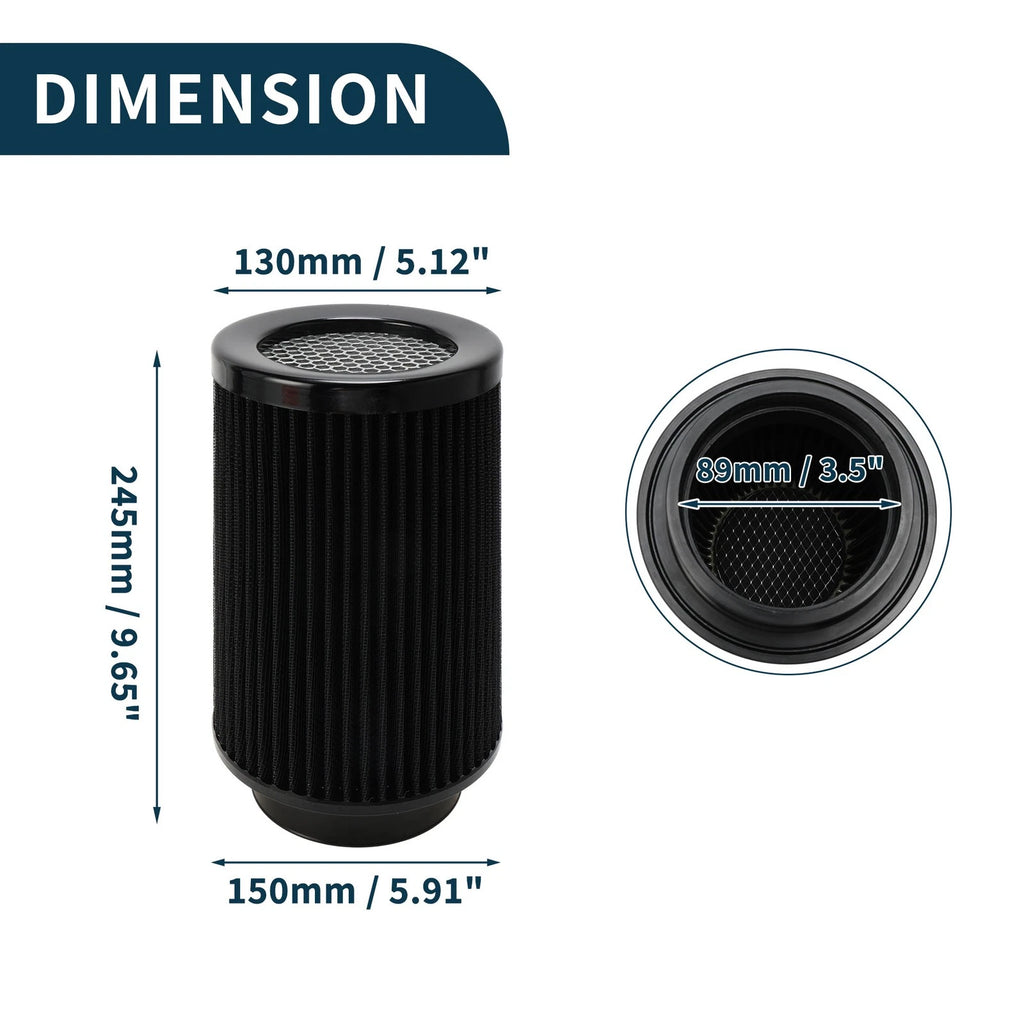 High Flow Engine Air Filter for Universal Fit (76/89/101mm) Black