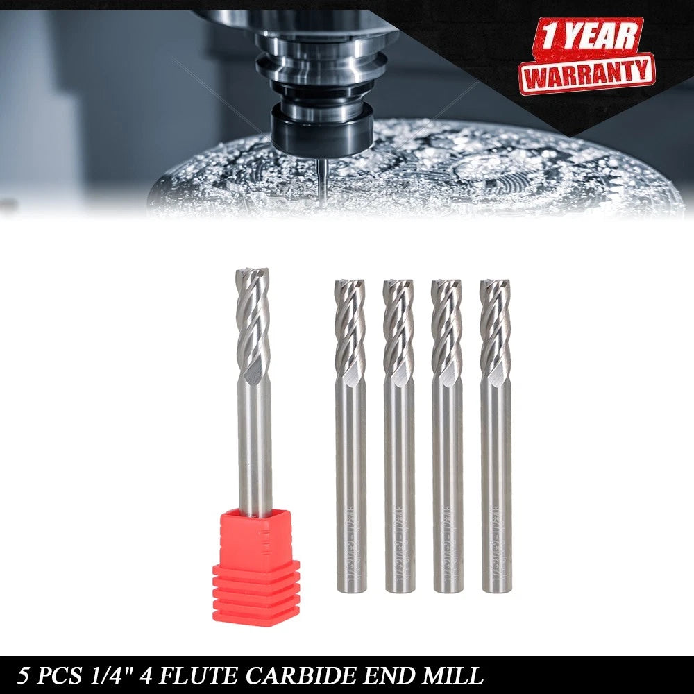 5 Pcs 1/4" 4 Flute Carbide End Mill TiALN Coated (2-1/2" Overall Length)