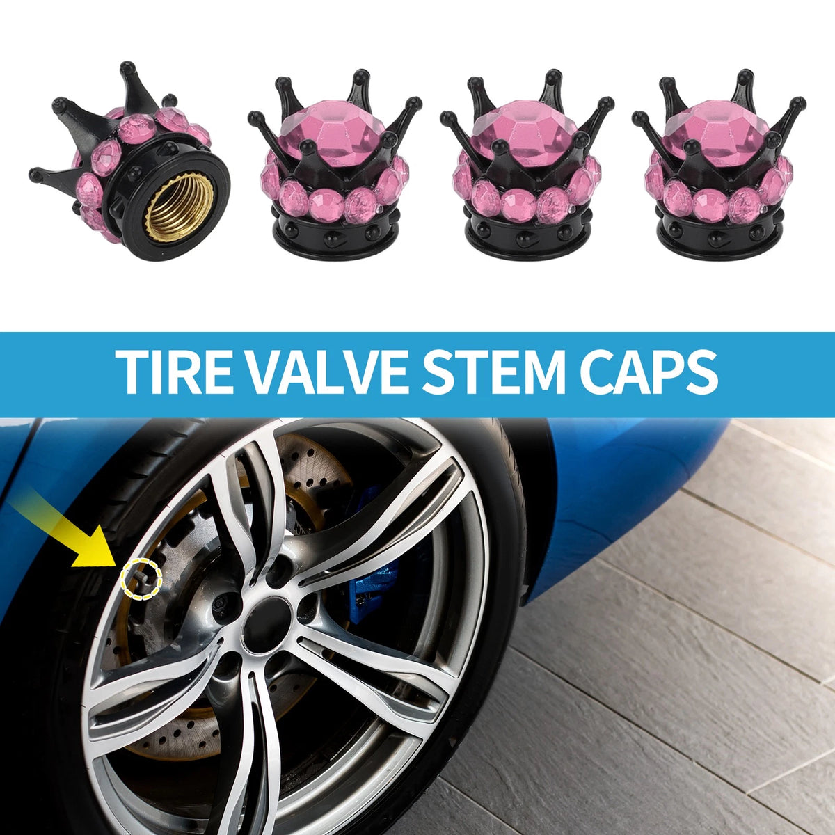 Tire Valve Stem Caps Set for Car SUV Bike RV Black Pink (4 Pack)