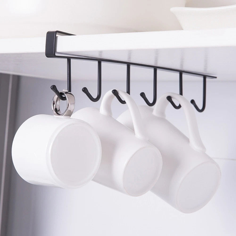 6-Hook Metal Under Cabinet Mug Rack for Kitchen Storage Organizer