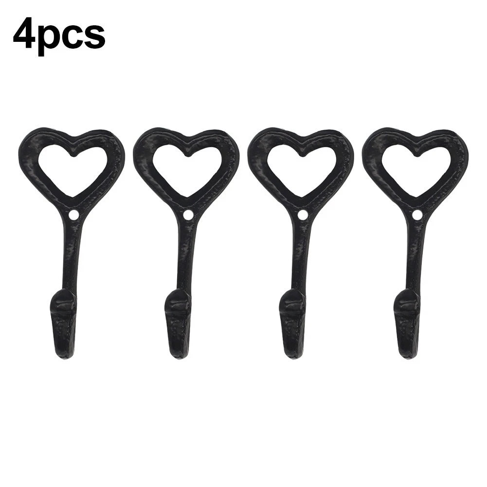 Set of 4 Decorative Black Iron Coat Hooks in Heart Shape