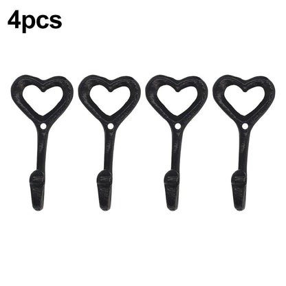 Set of 4 Decorative Black Iron Coat Hooks in Heart Shape