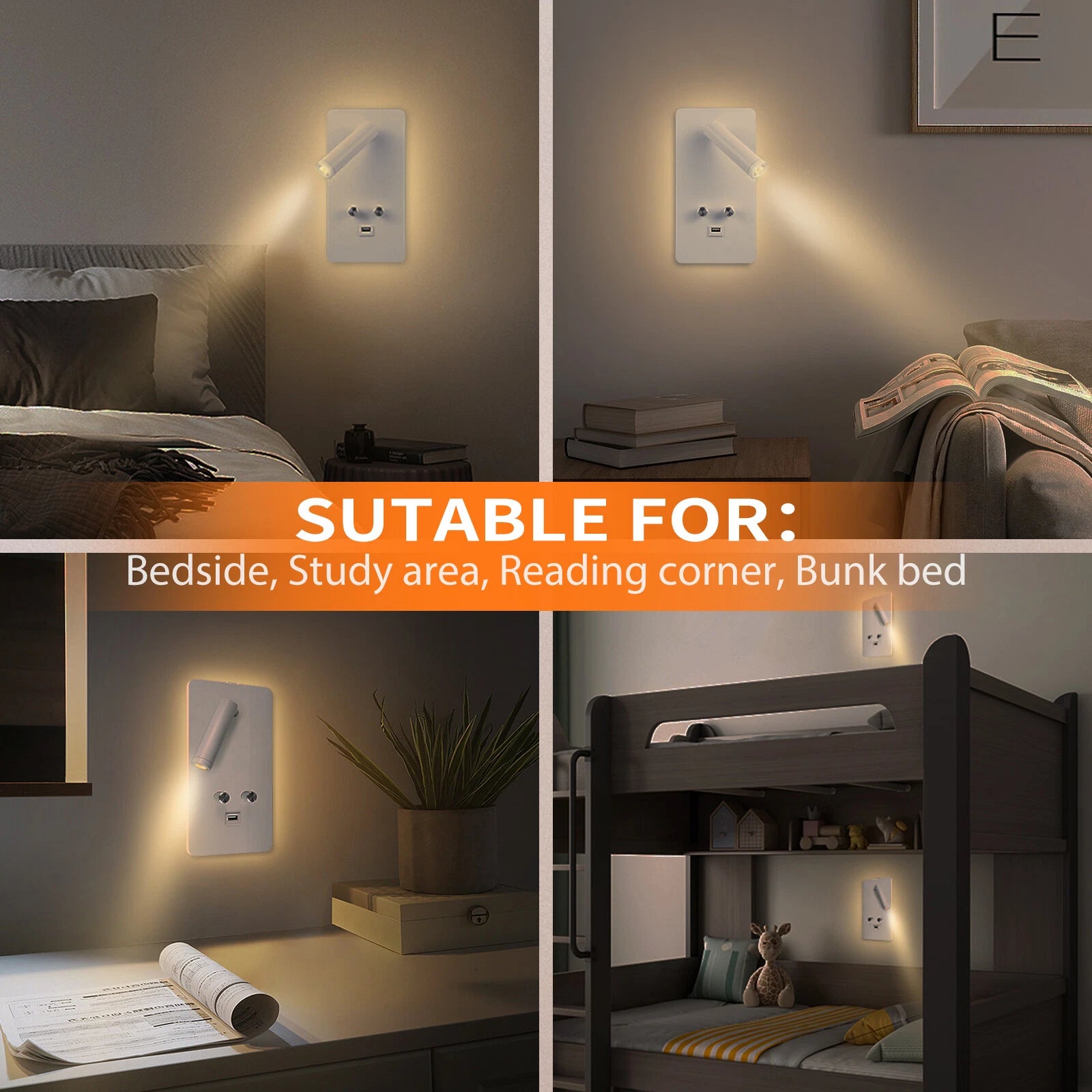 LED Wall Sconce Bedside Reading Light with USB Charge Port for